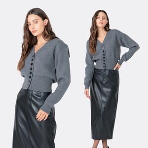 Grey Lab V-Neck Detailed Cardigan Women's Sweater Charcoal Size S Button Front